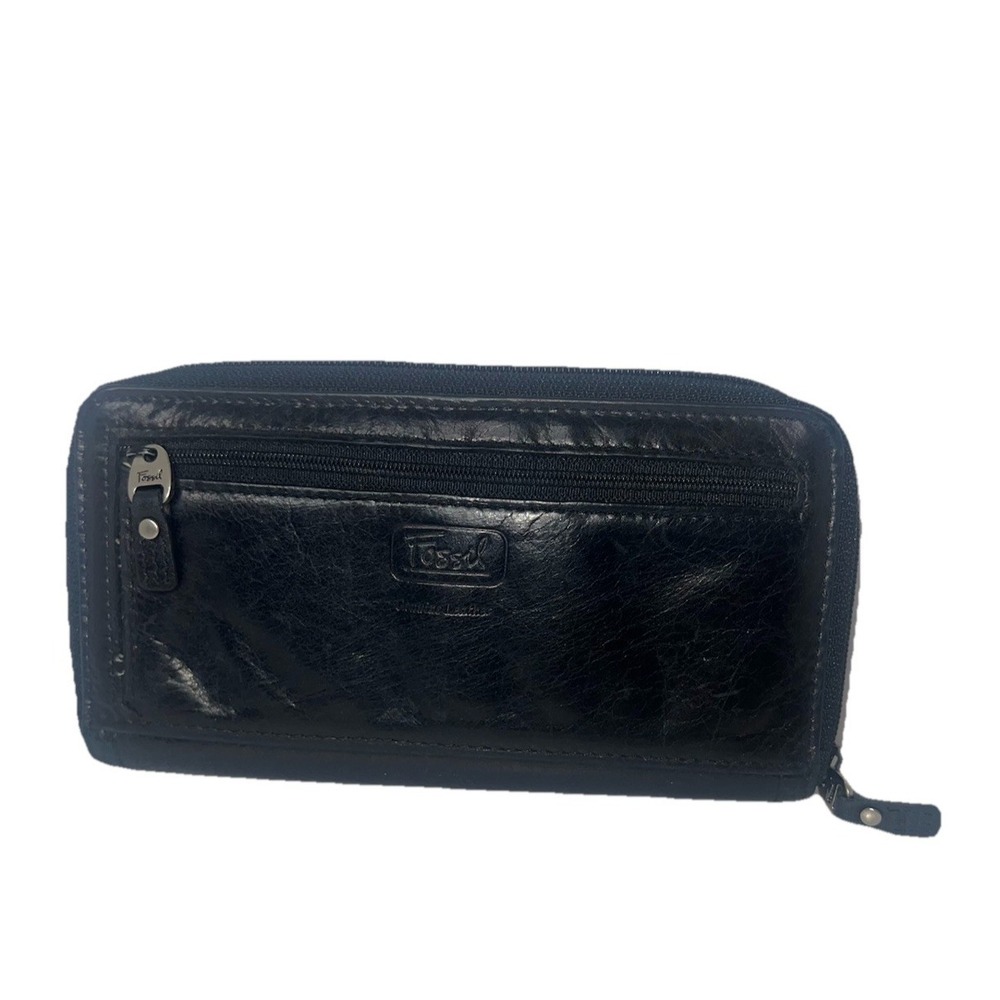 Fossil - Black Leather Card Cash Check Clutch ZIP Wallet Organizer 7"x4"
